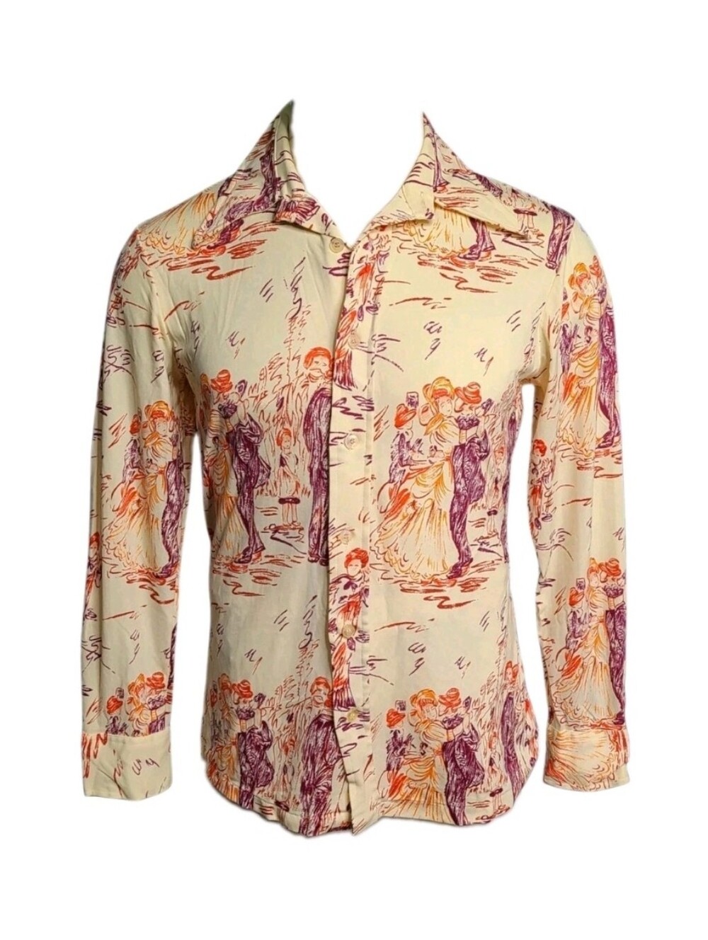 Vintage 70s Disco Club Point Collar Shirt All Over Victorian Dancers Mens Medium